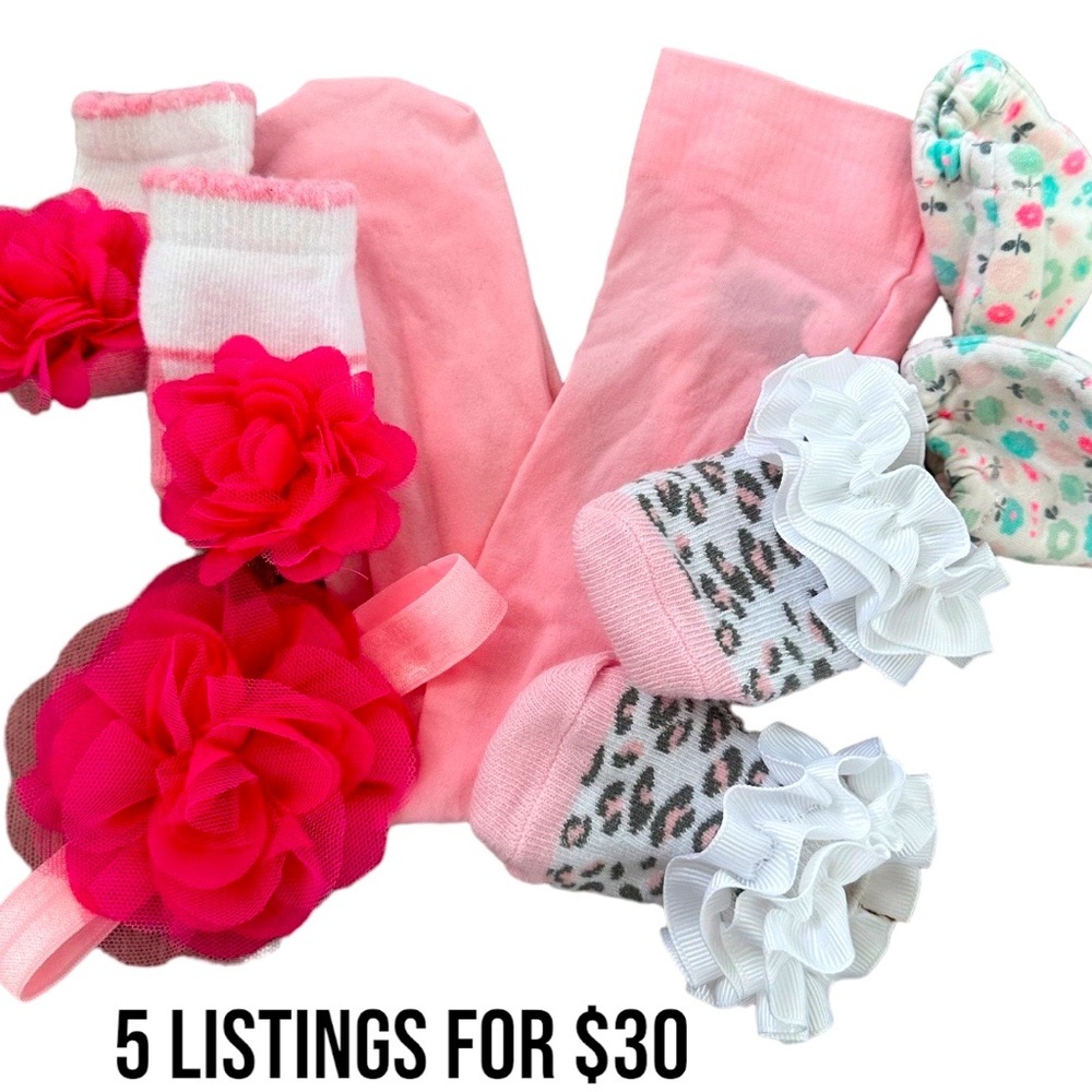 0-6 m baby girl accessory lot -pantyhose, socks bundle, hair piece, hand booties